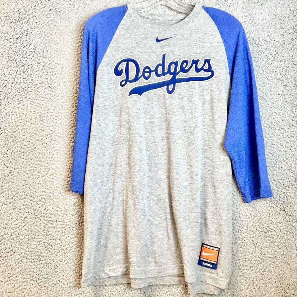 VINTAGE Los Angeles Dodgers Men Shirt L Gray Y2K Nike Graphic Raglan Logo
